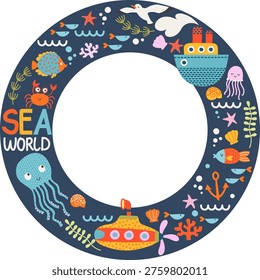 Decorative Deep Sea World Round Wreath on Dark Navy Background, Nautical Circular Frame with Submarine, Boat and Cute Marine Animals, Underwater Border for Kids Party and Nursery