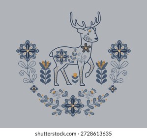 Decorative deer illustration featuring intricate floral motifs and folklore art elements. The symmetrical layout and stylized flowers create a harmonious visual effect in this vector artwork.