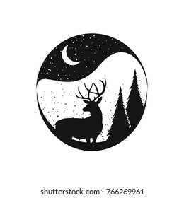 Decorative deer with nature pine forest, rocky mountain landscape range and moon. Isolated vintage vector illustration. Tattoo, travel, adventure, wildlife symbol. The great outdoors.