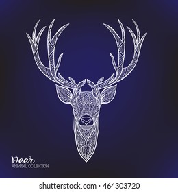  Decorative deer with pattern ?n black background. Vector illustration. Outline drawing.