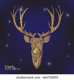 Decorative deer with pattern gold on black background. Vector illustration. Outline drawing.