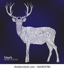  Decorative deer with pattern on black background. Vector illustration. Outline drawing.