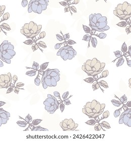Decorative delicate pattern of flowers and branches of magnolia. A pattern of leaves. Vector illustration. For nature, eco-friendly and design. Hand-drawn plants, a frame for a postcard.