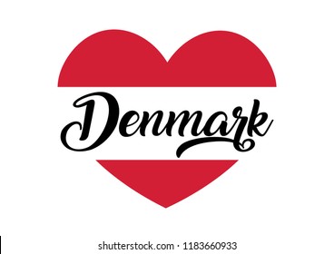 Decorative Denmark Text on Heart Shape with the Colors of Denmark Flag
