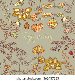 decorative design background with a pattern of branches with leaves and bright flowers and the words happy day