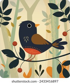 Decorative design of a bird standing on a branch.
