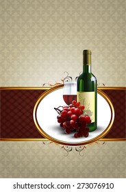 decorative design of the bottle and a glass of wine with a branch of red grapes