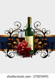 decorative design of the bottle and a glass of wine with a branch of red grapes