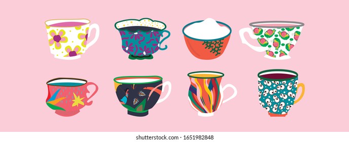 Diseño decorativo para cafés, té, zumos, carteles, carteles, tarjetas. Un conjunto de tazas. Aislado en un fondo rosa. Varios dibujos y patrones. Dibujo manual