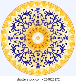 Decorative design of circle dish template used in Sicilian traditional ceramic, round geometric pattern, vector illustration.