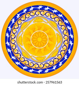 Decorative design of circle dish template used in Sicilian traditional ceramic, round geometric pattern, vector illustration.
