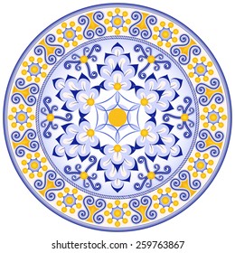 Decorative design of circle dish template used in Sicilian traditional ceramic, round geometric pattern, vector illustration; Circular dish decoration in Morocco abstract style.