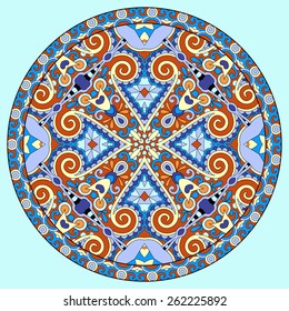 decorative design of circle dish template, round geometric pattern, vector illustration in blue color