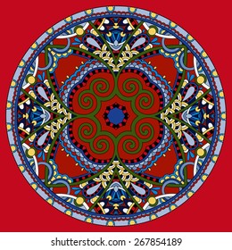 decorative design of circle dish template, round geometric pattern, vector illustration on red background