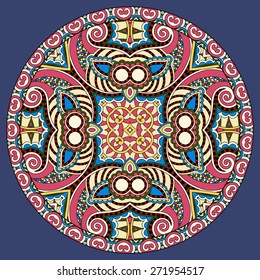 decorative design of circle dish template, round geometric pattern, vector illustration on dirty dark blue background