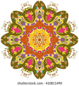 decorative design of circle dish template, round geometric pattern,  version illustration. Round ornament, mandala, ethnic decorative element, boho style, zentangle.