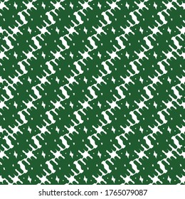 Diseño decorativo compuesto por elementos geométricos abstractos vinculados en una cadena. Patrón con rayas serranizadas o anexas alternando en verde y blanco. 