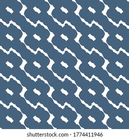 Dekoratives Design aus gezahnten Streifen und kleinen rechteckigen Pflastern. Fliesenmuster auf Blau und Weiß.