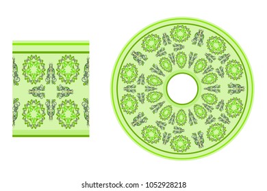 Decorative design of dish and cup for tea, spring green pastel pattern. Vector.