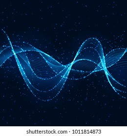 Decorative Design Element Blue Glowing Wave Line. Effect of Shimmering Flying Particles.