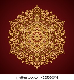 Decorative design element filigree calligraphy. Vintage baroque mandala ornament in gold on red background. Retro pattern antique style acanthus. Vector illustration.