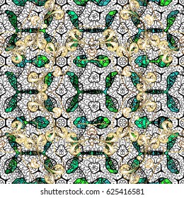 Decorative design element filigree calligraphy. Retro pattern antique style acanthus. Vector illustration. Vintage baroque mandala ornament on green stripe background.
