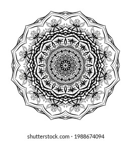 Decorative design element outline vector illustration for coloring book. Round floral ornament. 