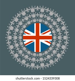 Decorative design element. Pattern with crown and royal lily. Circular ornamental symbol. Flag of the UK