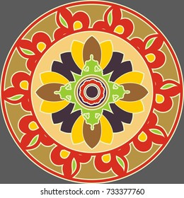 Decorative design element. Pattern with geometric ornaments. Circular ornamental mandala symbol. Indian culture motif. Man in lotus yoga pose