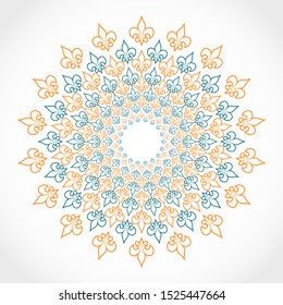 Decorative design element. Pattern with royal lily. Circular ornamental symbol.