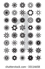 decorative design element series (flowers, stars, suns), created by rotation of the digit 1, using various typefaces; vector illustration - scalable and editable.