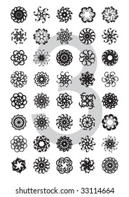 decorative design element series (flowers, stars, suns), created by rotation of the digit 3, using various typefaces; vector illustration - scalable and editable.