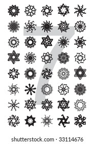 decorative design element series (flowers, stars, suns), created by rotation of the digit 7, using various typefaces; vector illustration - scalable and editable.