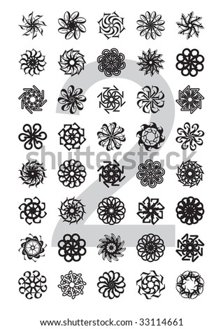 decorative design element series (flowers, stars, suns), created by rotation of the digit 2, using various typefaces; vector illustration - scalable and editable.