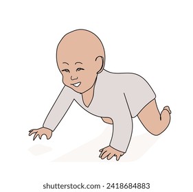 Decorative design element, small smiling child, cartoon baby growth stage. Cute little crawling baby boy flat style, vector illustration isolated on white background. Pediatrician. Birth. Character.