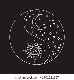 Decorative design element Yin yang symbol in linear style on black background. Sun and Moon with stars. Vector illustration