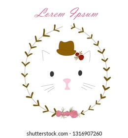 Decorative design element/Floral hand drawn pattern for greeting cards, covers, paper, wallpaper, banners, frame, background/ 
Cat in a hat with flowers, monograms isolated art on white background.