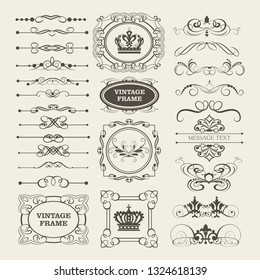 Decorative design elements: borders, frame, scroll for graphic design, vector set