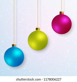 Decorative Design Elements Christmas Balls Isolated on Stylized Snowy Background. Kit of Green, Blue, Pink of New Year Baubles.