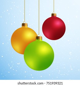 Decorative Design Elements Christmas Balls Isolated on Blue Snowy Background. Kit of Green, Yellow, Red of New Year Baubles.