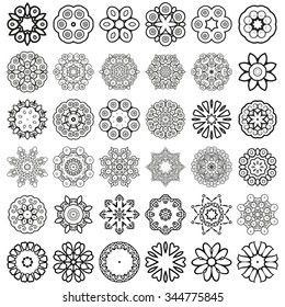 Decorative design elements. Circle ornament. Set of 36 vector circular patterns, florets, snowflakes, asterisks for decoration of your works.