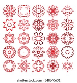 Decorative design elements. Circle ornament. Set of vector circular patterns, florets, snowflakes, asterisks for decoration of your works.