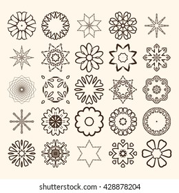 Decorative design elements. Circle ornament. Set of vector circular patterns, florets, snowflakes, asterisks for decoration of your works.