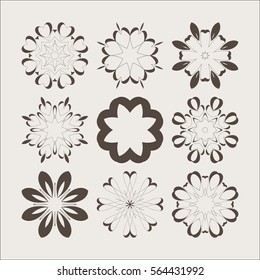 Decorative design elements. Circle ornament. Set of vector circular patterns, florets, snowflakes, asterisks for decoration of your works