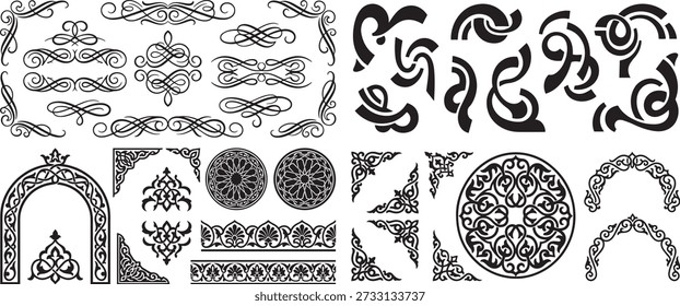 Decorative design elements featuring geometric patterns, flourish ornaments, corners, frames, borders, and vector set in vintage style. Perfect graphic decoration and retro embellishments.