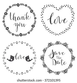 Decorative design elements floral frames, hearts, flowers, decorative lettering, birds. Isolated on white background.