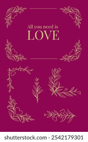 Decorative design elements, heart, valentine's day, corners for decoration, frames, greeting cards. Hand drawn vector