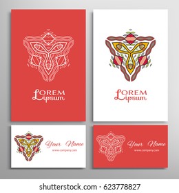 Decorative design elements for invitation cards. Colorful and white line ornaments, sign symbol for logo, icon, label, emblem. Business card template set. Mandala doodle art, stylized floral pattern