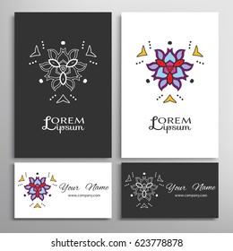 Decorative design elements for invitation cards. Colorful and white line ornaments, sign symbol for logo, icon, label, emblem. Business card template set. Mandala doodle art, stylized floral pattern