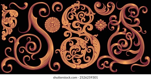 Decorative design elements. Design set. Editable hand drawn illustration. Vector vintage engraving. Isolated on black background. 8 EPS